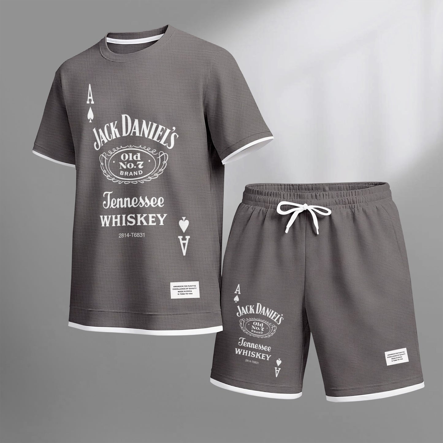 Men's Beer And Beverage Printed Drawstring Shorts Set, Suitable For Spring And Summer Wear, Casual Summer Set, Including Short-Sleeved Shirt And Shorts, Suitable For Everyday Wear And Sports 013