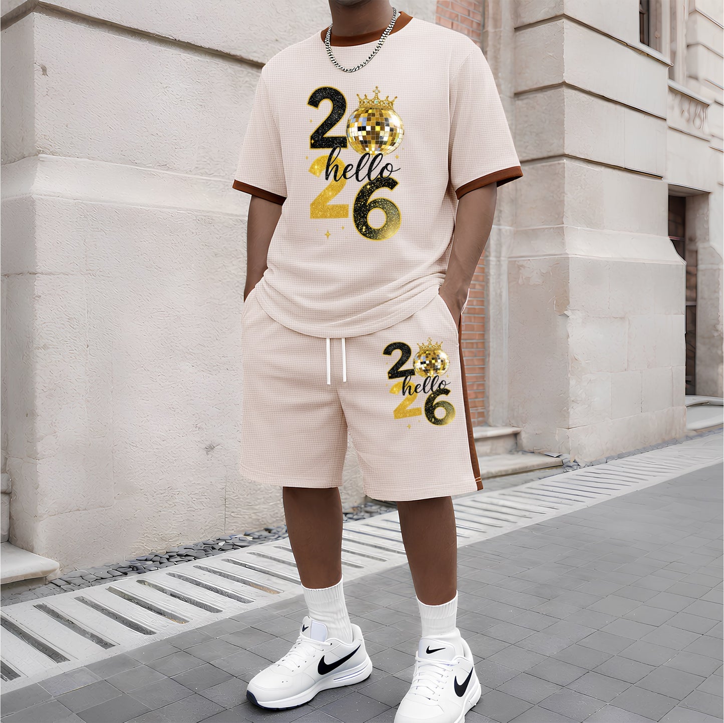 Men's 2026 Pattern Short-Sleeve T-Shirt and Drawstring Shorts Set, Men's Clothing, Casual Sporty Short-Sleeve Top and Shorts, Summer Men's Everyday Wear, Indoor and Outdoor Sportswear, Athletic Set