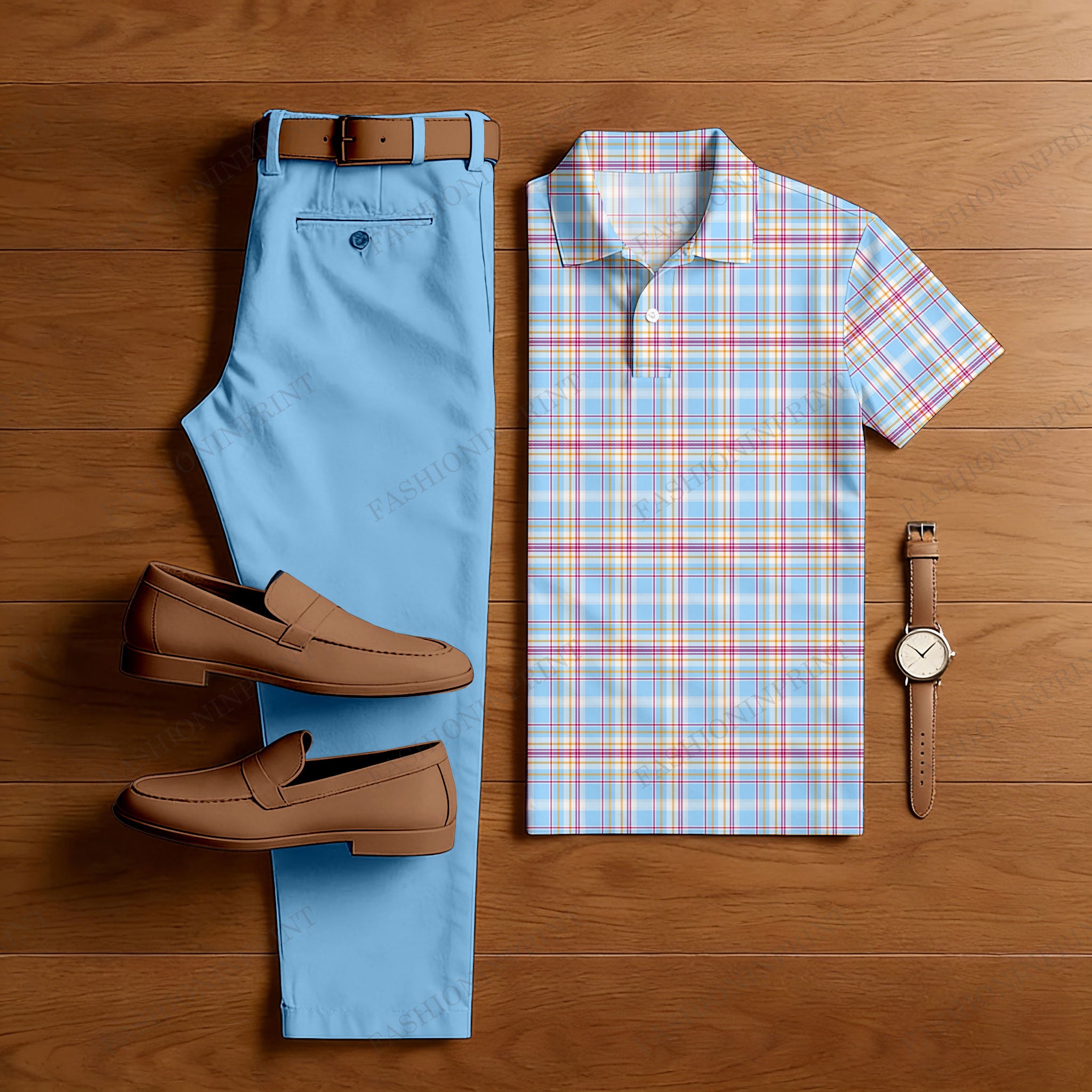 Men's Casual Printed Blue Plaid Polo Shirt And Pants Two-Piece Set