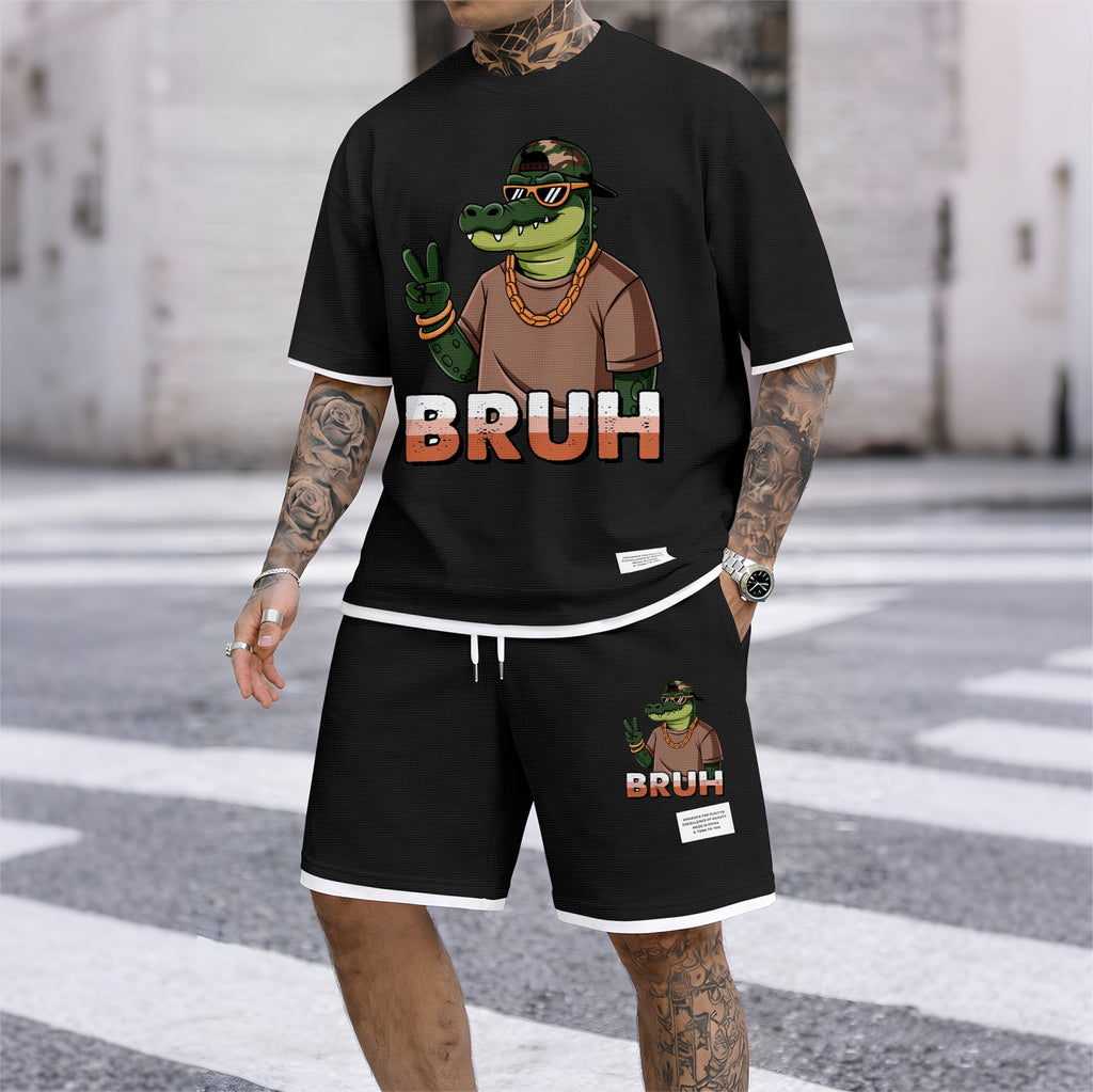 Men's Hip-Hop Street Style Funny Animal Graphic Print Short Sleeve Shirt and Drawstring Shorts Set, Casual Summer Two-Piece Outfit, Lightweight Breathable Relaxed Fit Sportswear, Stylish Comfortable Daily Wear Beach Vacation Travel Loungewear