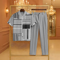 Men's Casual Light Gray Color Matching Geometric Printed Zipper Short Sleeved Polo Shirt & Trousers Two-Piece Set 198424