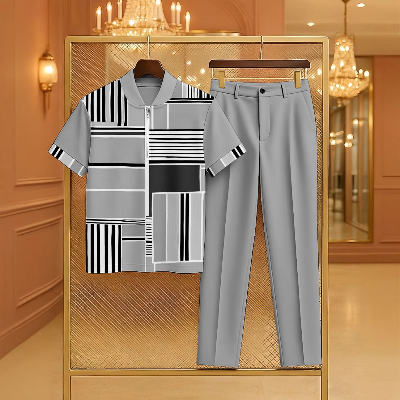Men's Casual Light Gray Color Matching Geometric Printed Zipper Short Sleeved Polo Shirt & Trousers Two-Piece Set 198424