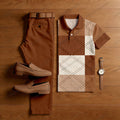 Men's Casual Orange & Beige Color Matching Checkered Printed Short Sleeved Polo Shirt & Trousers Two-Piece Set