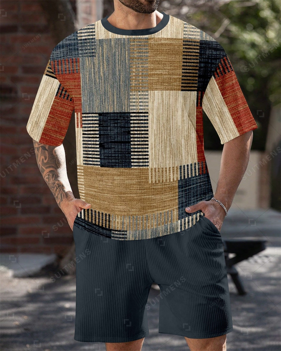 Men's Simple Color Matching Summer Round Neck Set 195