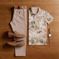 Men's Casual Pink Stamens Printed Polo Shirt And Pants Two-Piece Set