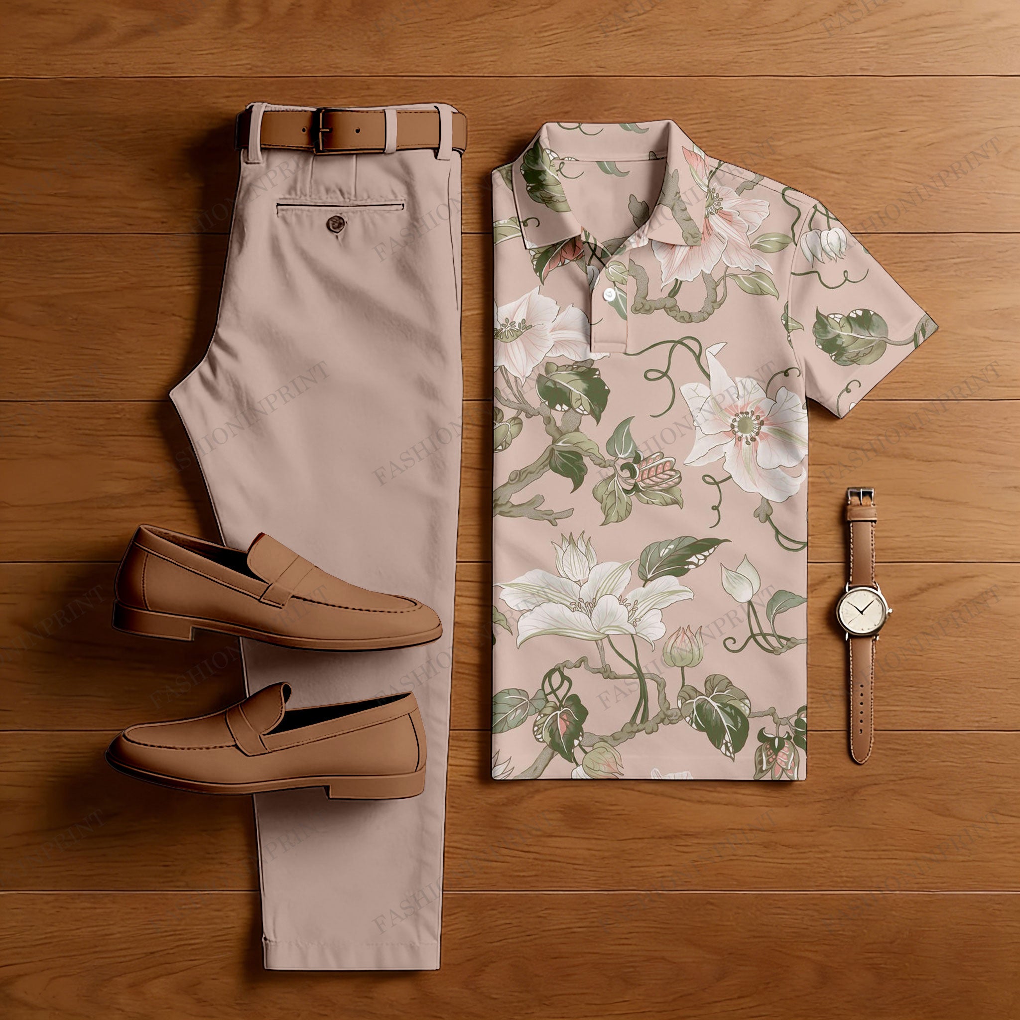 Men's Casual Pink Stamens Printed Polo Shirt And Pants Two-Piece Set