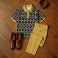Men's Casual Yellow & Navy Color Matching Retro Flower Printed Short Sleeved Polo Shirt & Trousers Two-Piece Set 201874