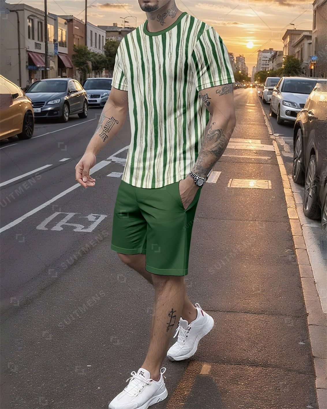 Men's Summer Colorblock Printed Round Neck Set 765