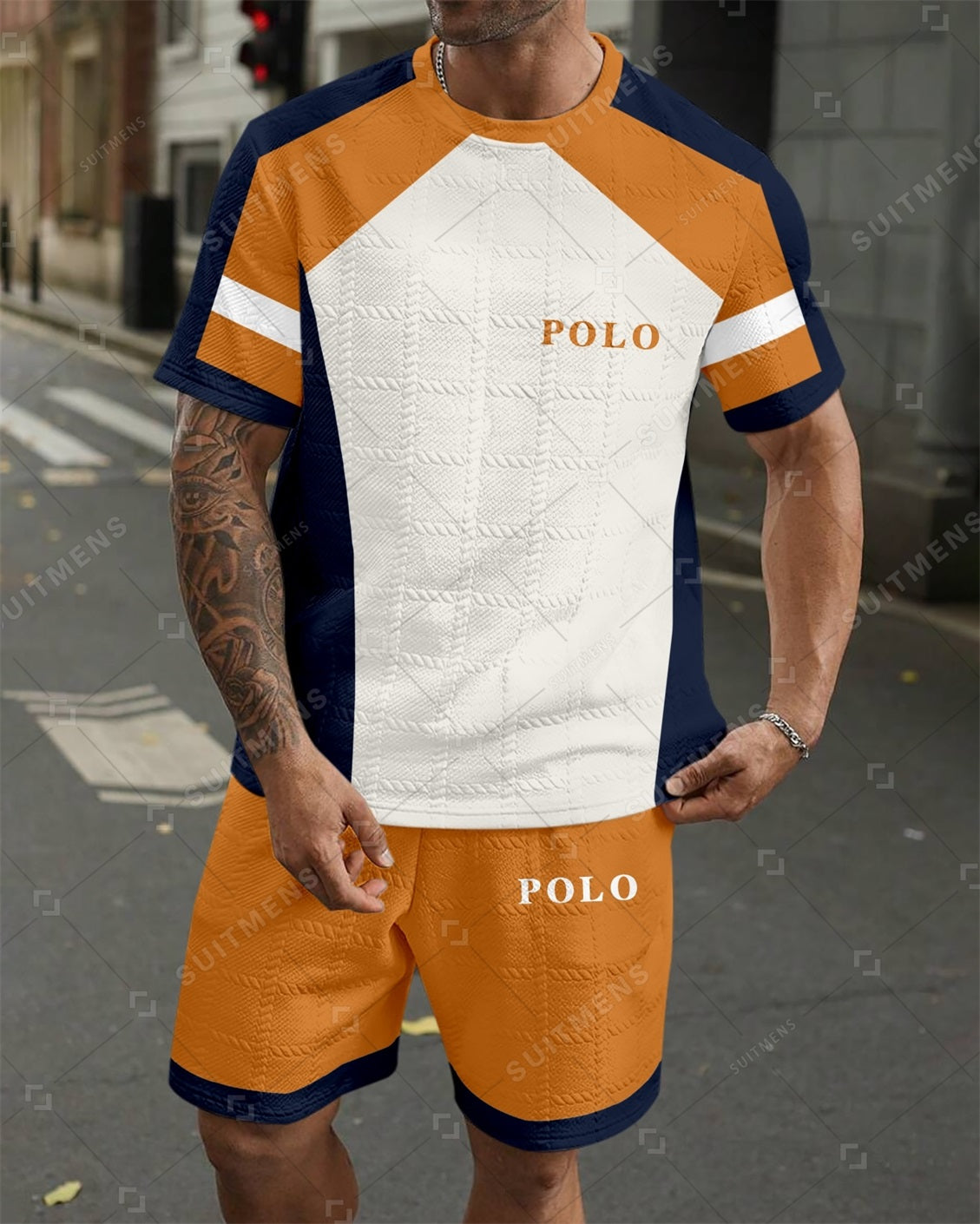 Men's Jacquard Textured Color Block Printed Short Sleeve Shorts Set 009