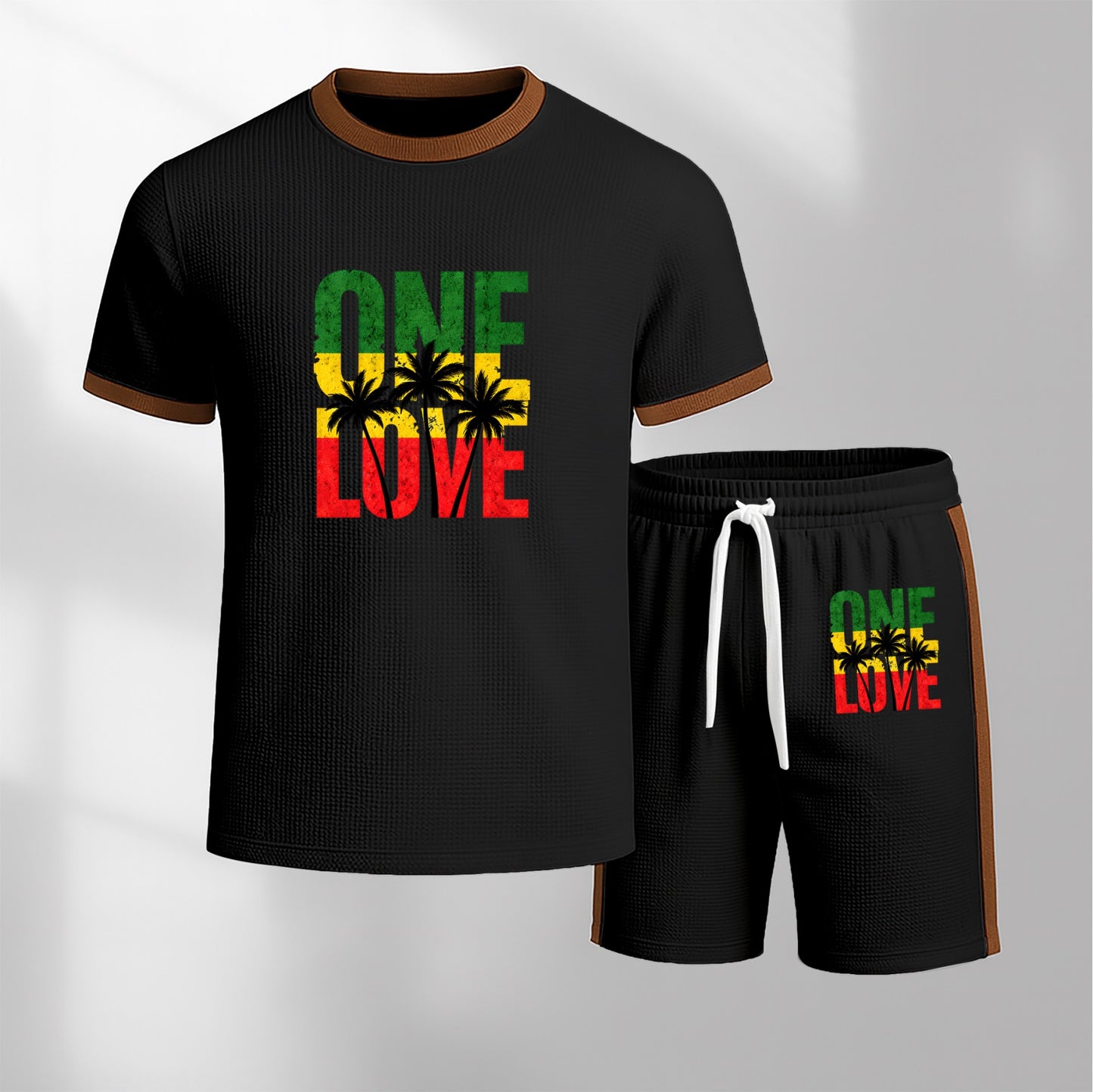 Men's Pattern Short-Sleeve T-Shirt and Drawstring Shorts Set, Men's Clothing, Casual Sporty Short-Sleeve Top and Shorts, Summer Men's Everyday Wear, Indoor and Outdoor Sportswear, Athletic Set