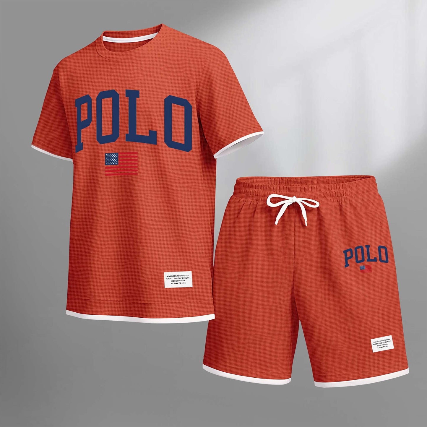 Men's Polo Print Drawstring Shorts Set For Spring/Summer. A Casual Summer Outfit, Including A Short-Sleeved Shirt And Shorts, Suitable For Everyday Wear And Sports. A Two-Piece Set For A Relaxed And Energetic Lifestyle.