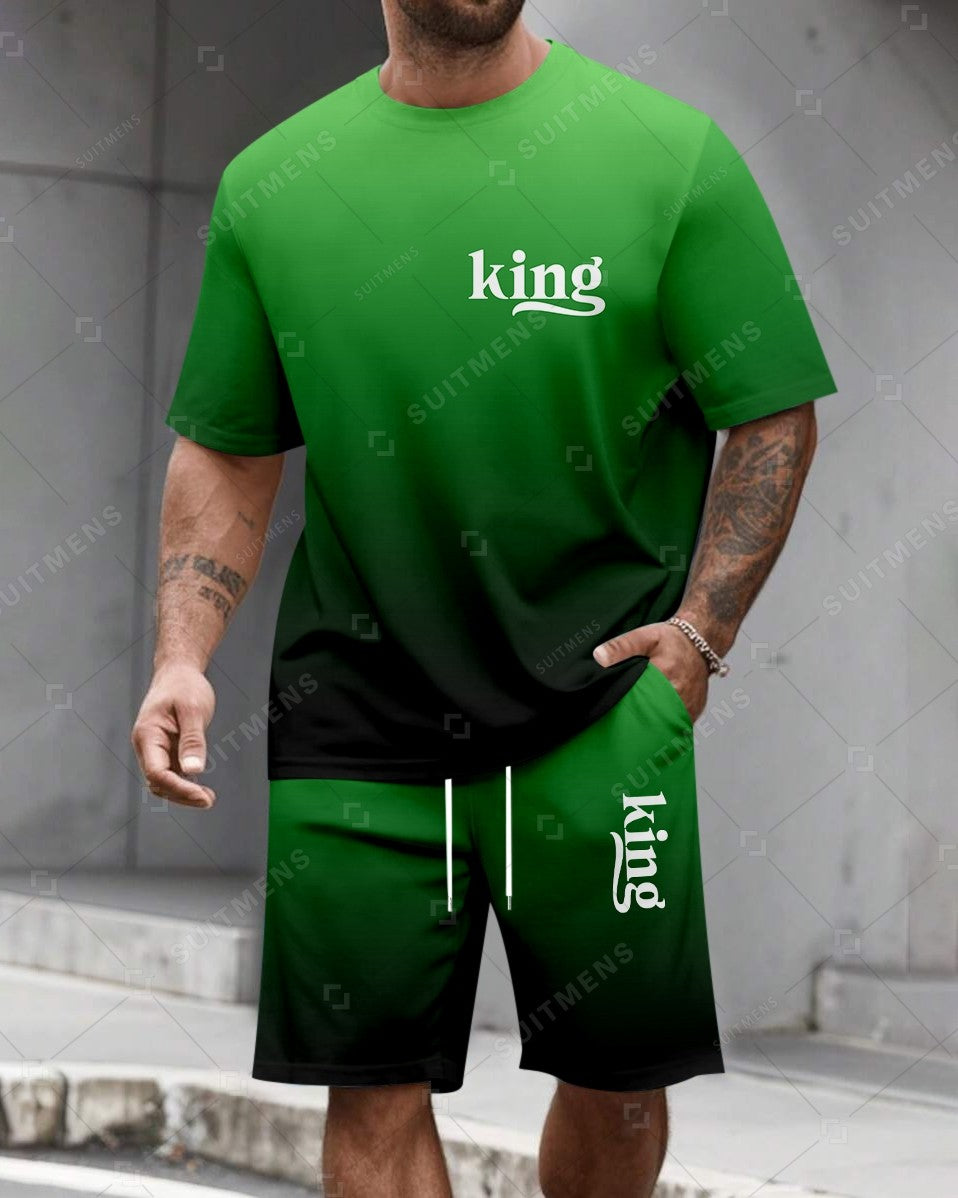 Men's Summer Colorblock Printed Round Neck Set 473
