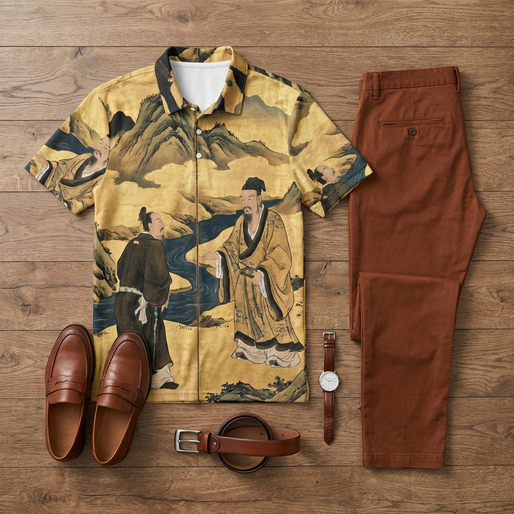 Men's Casual Khaki-Colored Character Printed Short-Sleeve Polo Shirt And Trousers Two-Piece Set