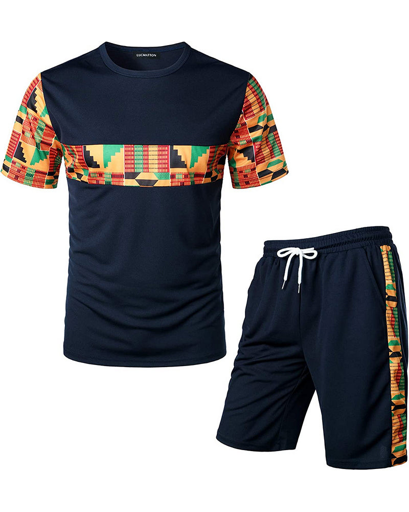 Men's Printed Colorblock T-Shirt and Shorts Set 023