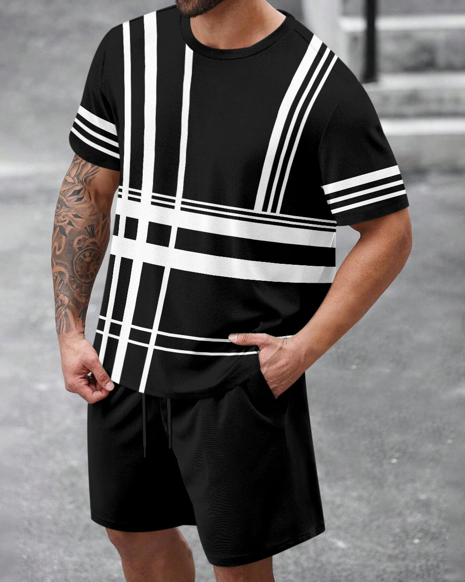 Men's Summer Colorblock Printed Round Neck Set 464