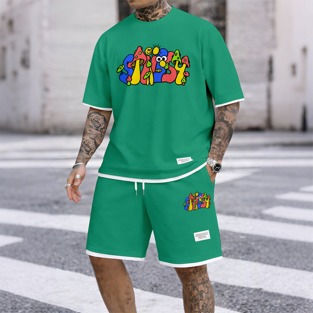 Men's Cartoon Mushroom Doodle Print Waffle Fabric Short-Sleeved Shirt And Shorts Set