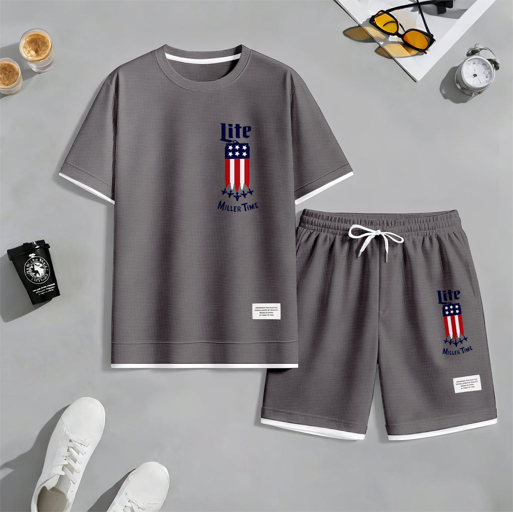 Men's Beer And Beverage Printed Drawstring Shorts Set, Suitable For Spring And Summer Wear, Casual Summer Set, Including Short-Sleeved Shirt And Shorts, Suitable For Everyday Wear And Sports 012