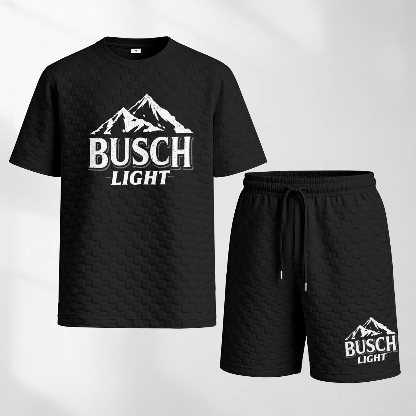 Men's Spring And Summer American Beer Print With Red And Black Line Checkered Fabric Drawstring Shorts Set, Casual Summer Outfit With Short-Sleeved Shirt And Shorts, Ideal For Everyday Wear And Sports Activities
