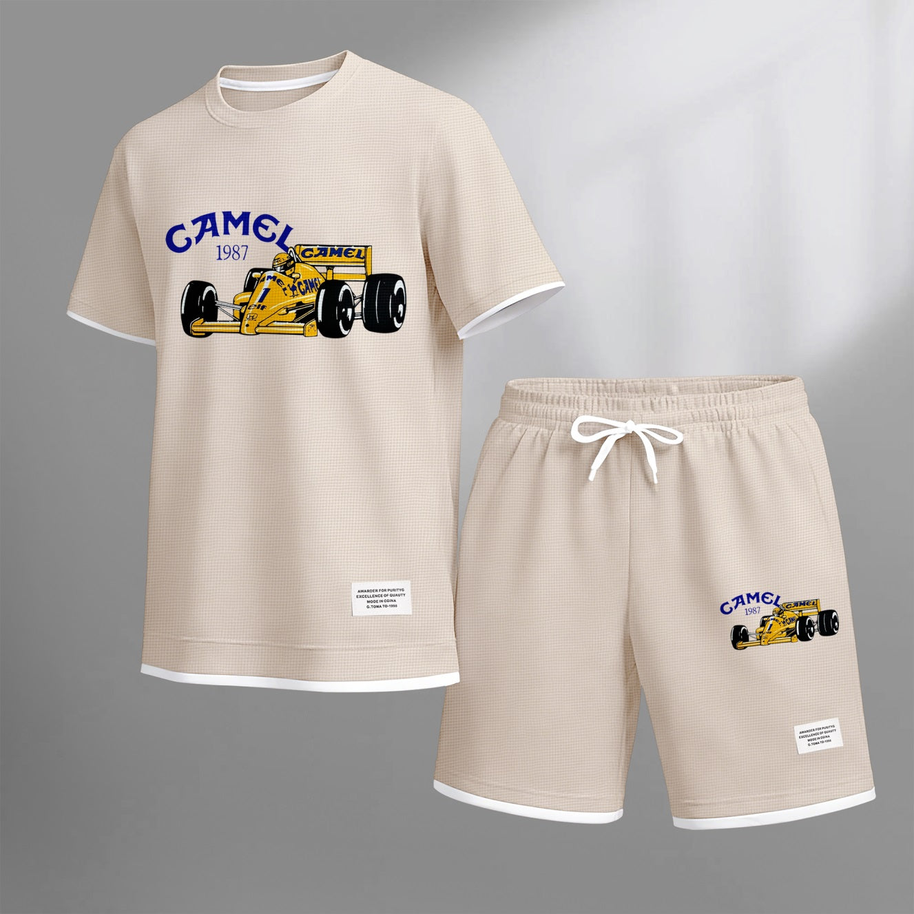 Men's Classic Racing Print Waffle Fabric Short-Sleeved Shirt And Shorts Set 02