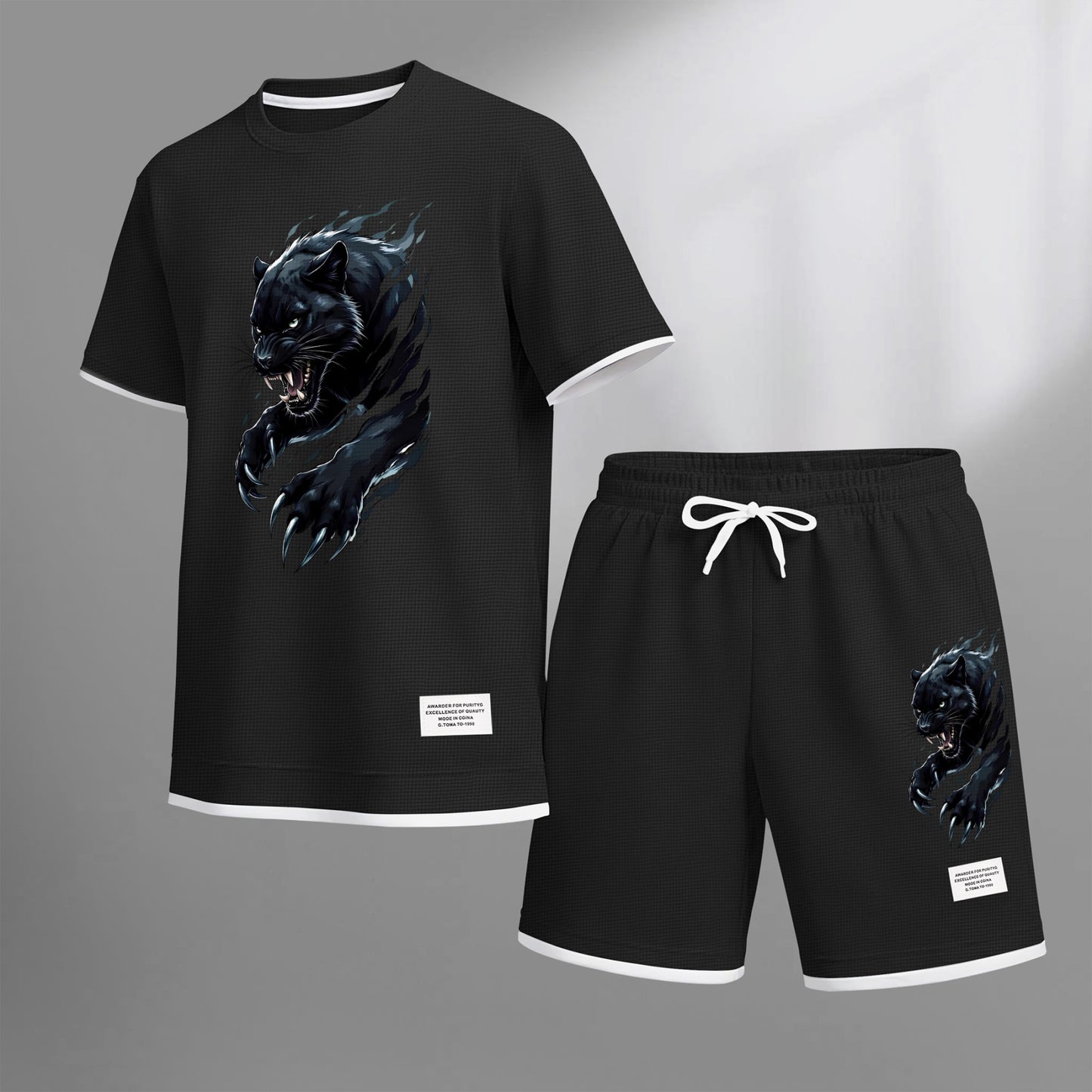 Men's Black Panther Graphic Print Waffle Short Sleeve T-Shirt & Shorts Set, Summer Lightweight Sporty Casual Two-Piece Outfit, Streetwear for Gym & Daily Wear