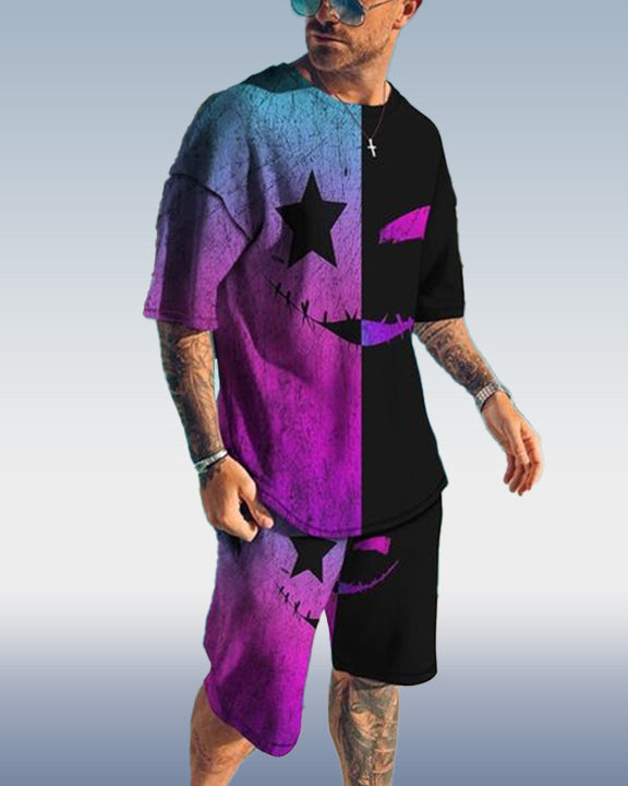 Men's Colorblock Print Shorts Set 421