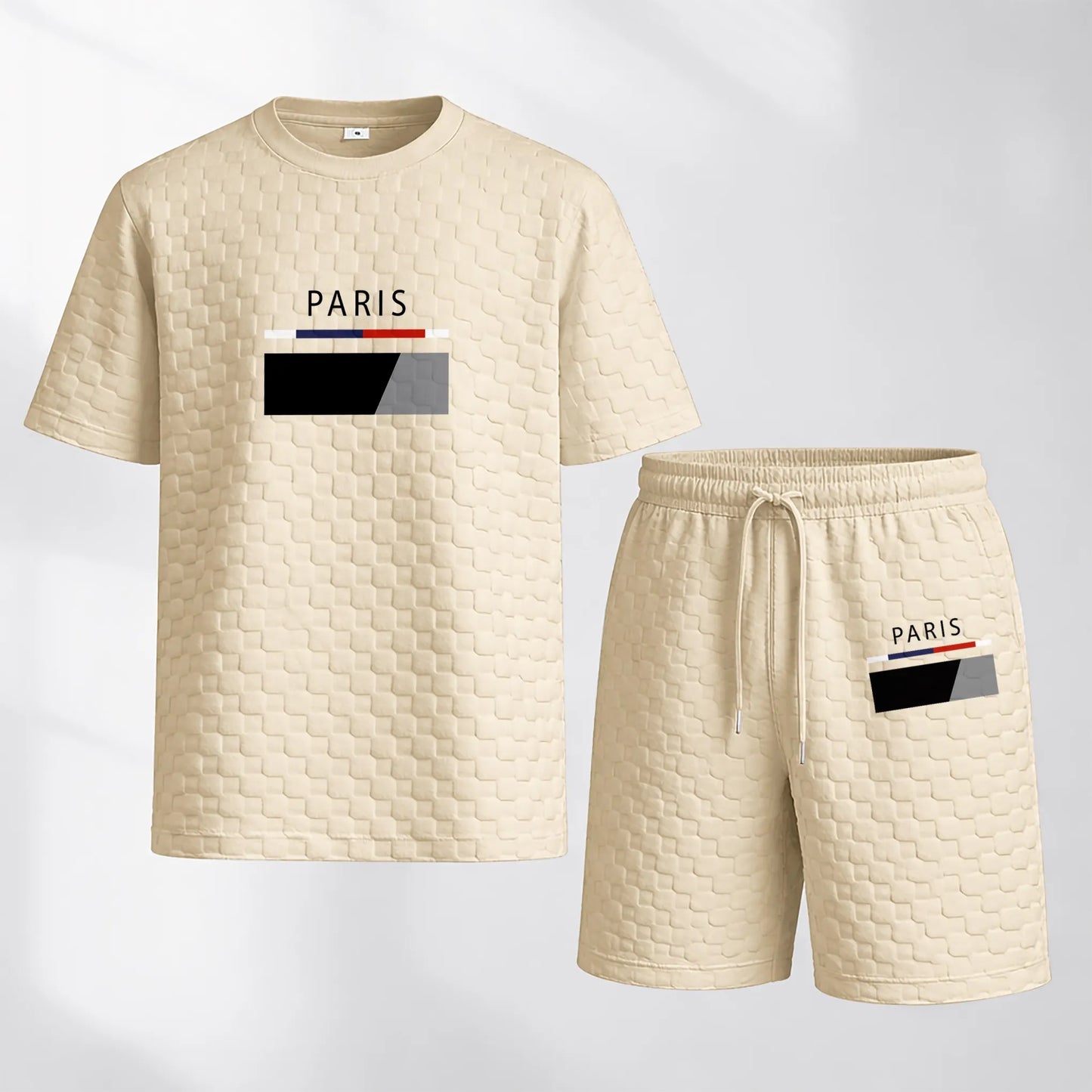 Men's Spring and Summer Paris Letter Print Checkered Fabric Drawstring Shorts Set, Casual Summer Outfit with Short-Sleeved Shirt and Shorts, Ideal for Everyday Wear and Sports Activities