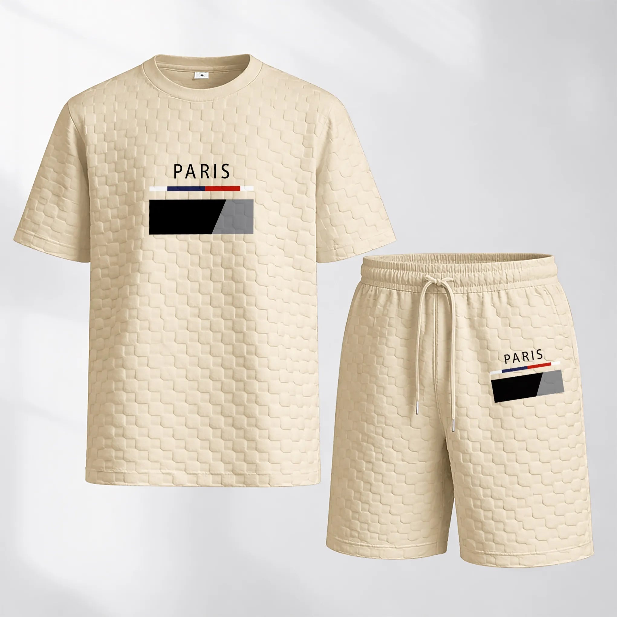 Men's Spring and Summer Paris Letter Print Checkered Fabric Drawstring Shorts Set, Casual Summer Outfit with Short-Sleeved Shirt and Shorts, Ideal for Everyday Wear and Sports Activities