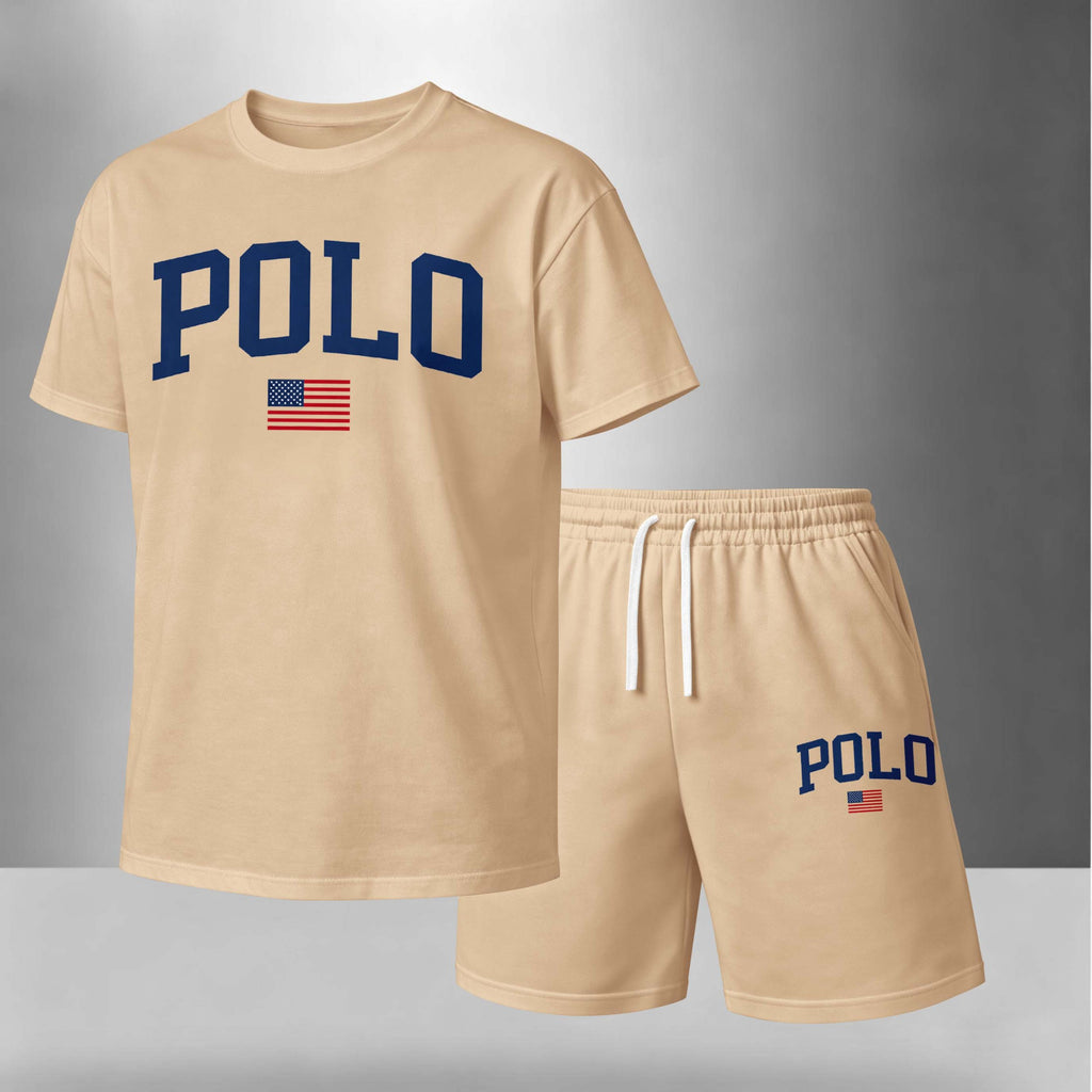 Men’s Summer 2 Piece Set, Flag Usa Letter Print Short Sleeve T Shirt and Drawstring Shorts Matching Outfit, Lightweight Breathable Casual Set for Travel, Streetwear, Beach, Vacation, and Daily Wear