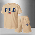 Men’s Summer 2 Piece Set, Flag Usa Letter Print Short Sleeve T Shirt and Drawstring Shorts Matching Outfit, Lightweight Breathable Casual Set for Travel, Streetwear, Beach, Vacation, and Daily Wear