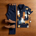 Men's Casual Colored Paint Printed Polo Shirt And Pants Two-Piece Set
