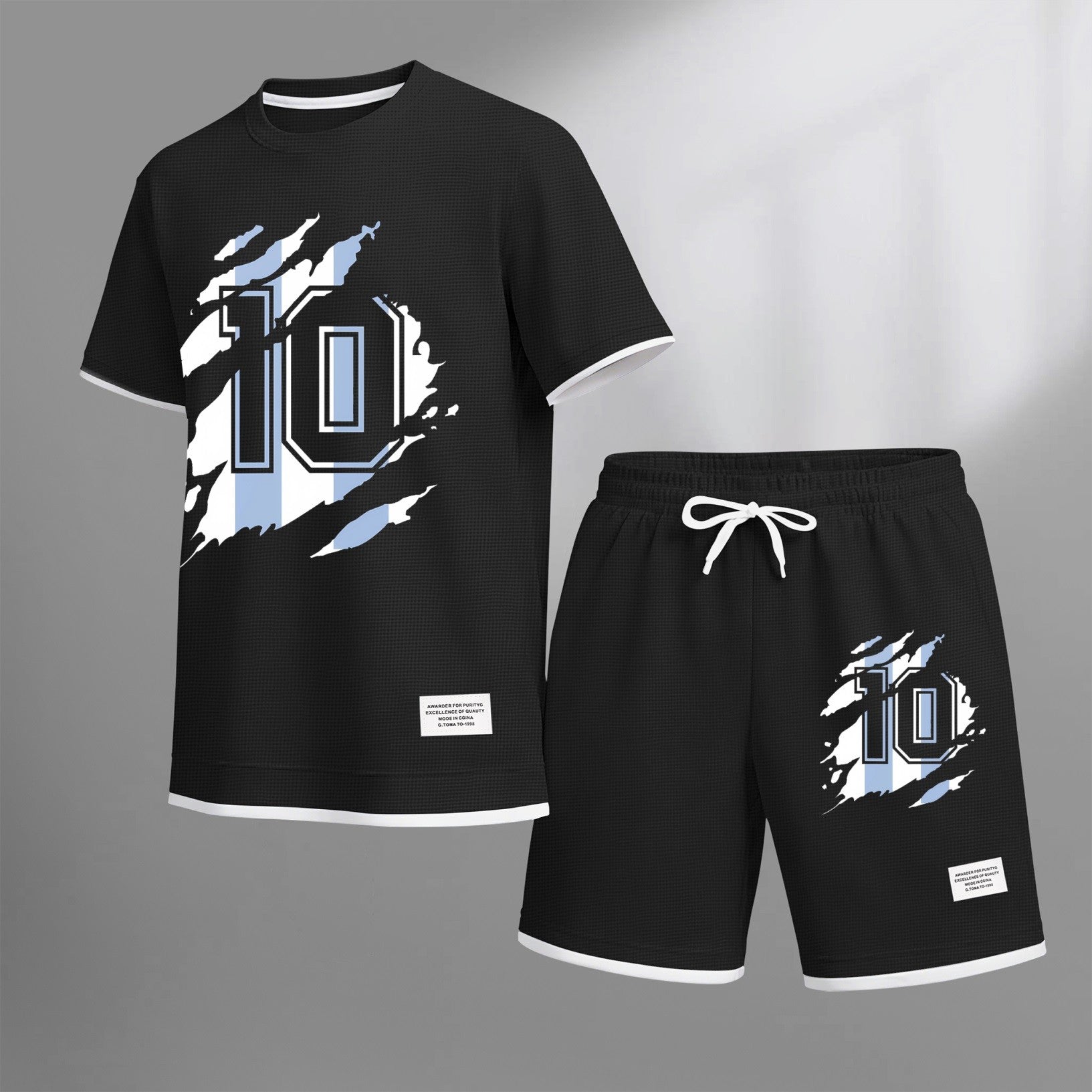 Men's classic number 10 printed drawstring shorts set, suitable for spring and summer wear. This casual summer set includes a short-sleeved shirt and shorts, perfect for everyday wear and sports.