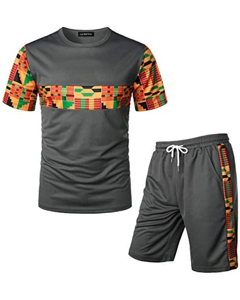 Men's Printed Colorblock T-Shirt and Shorts Set 020