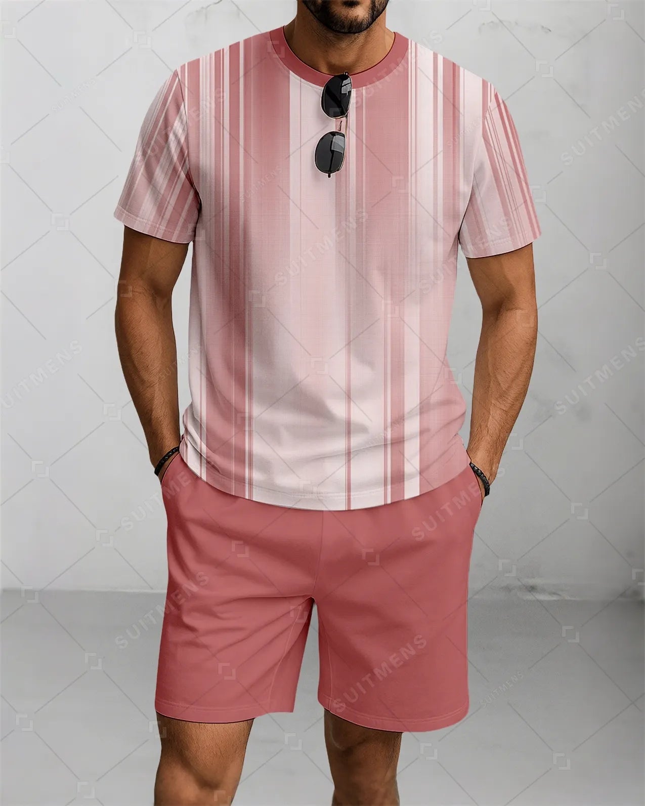 Men's Summer Colorblock Printed Round Neck Suit 086