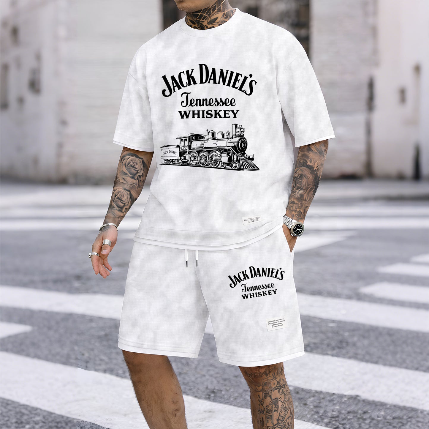 Men's Beer Print Drawstring Shorts Set, Suitable For Spring And Summer Wear, Casual Summer Set, Including Short-Sleeved Shirt And Shorts, Suitable For Everyday Wear And Sports.