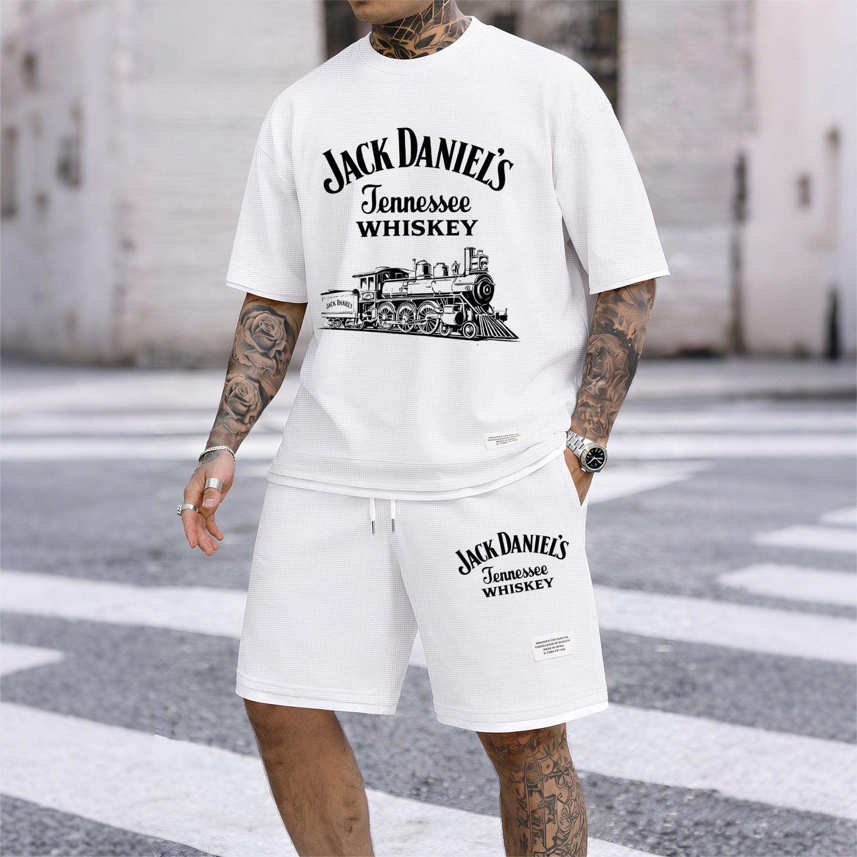 Men's Beer Print Drawstring Shorts Set, Suitable For Spring And Summer Wear, Casual Summer Set, Including Short-Sleeved Shirt And Shorts, Suitable For Everyday Wear And Sports.