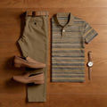 Men's Casual Brown Stripes Printed Polo Shirt And Pants Two-Piece Set