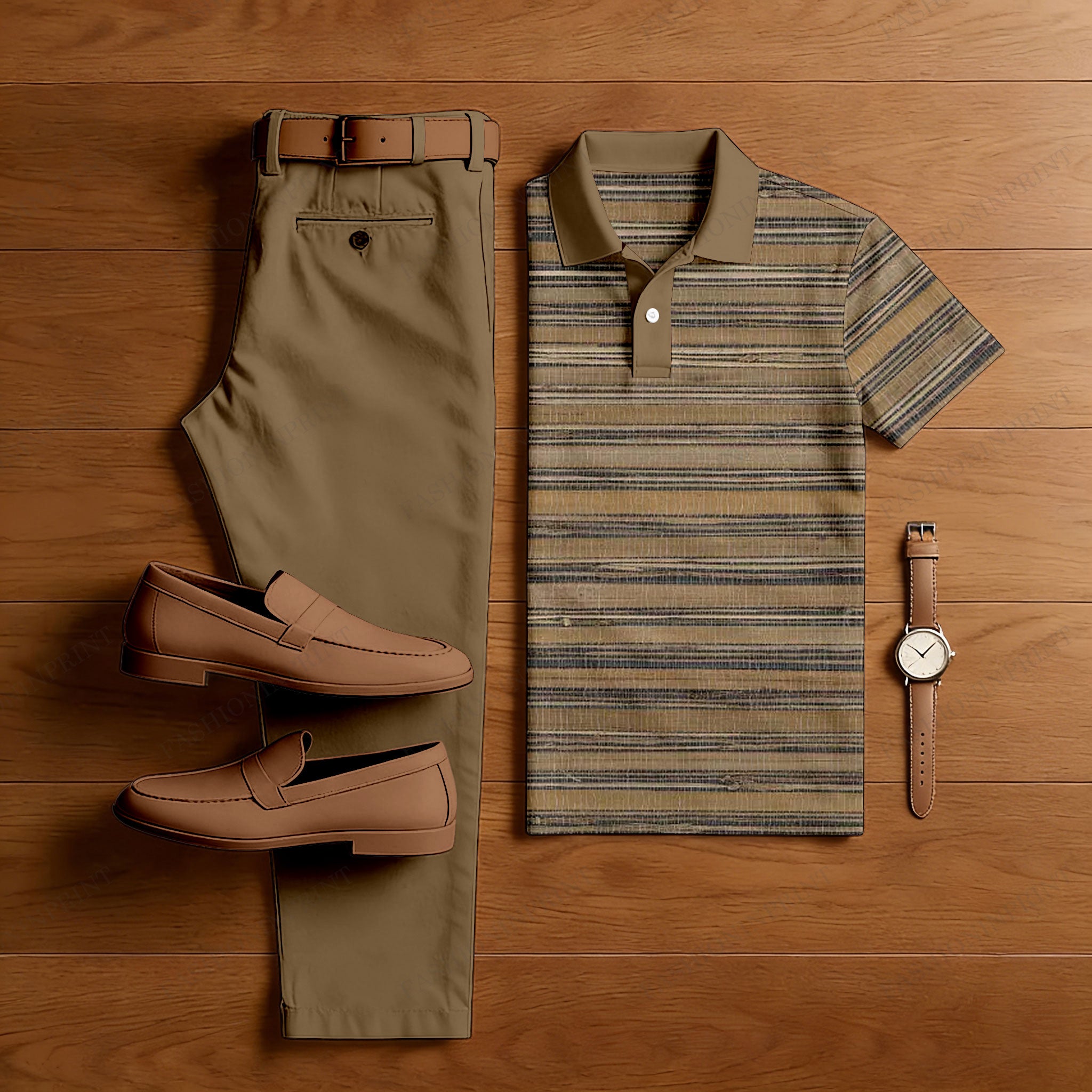 Men's Casual Brown Stripes Printed Polo Shirt And Pants Two-Piece Set