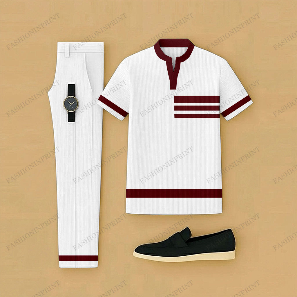 Men's Casual White & Burgundy Color Matching Short Sleeved Henry Collar T-Shirt & Trousers Two-Piece Set