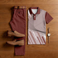 Men's Casual Red Brown Color Matching Geometric Printed Short Sleeved Polo Shirt & Trousers Two-Piece Set