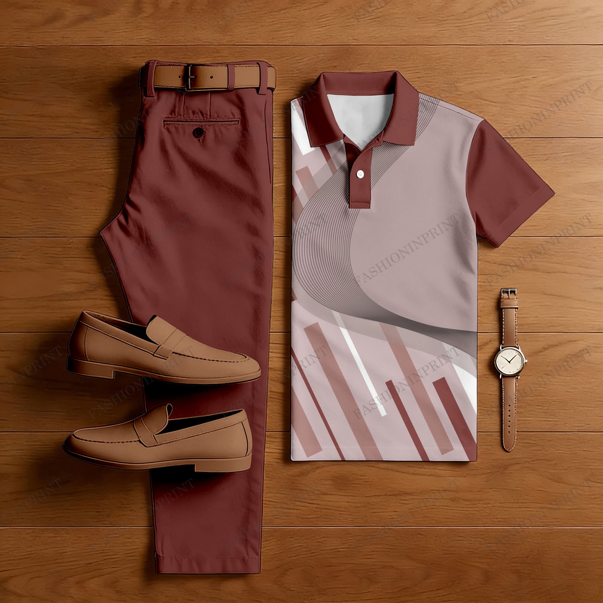 Men's Casual Red Brown Color Matching Geometric Printed Short Sleeved Polo Shirt & Trousers Two-Piece Set