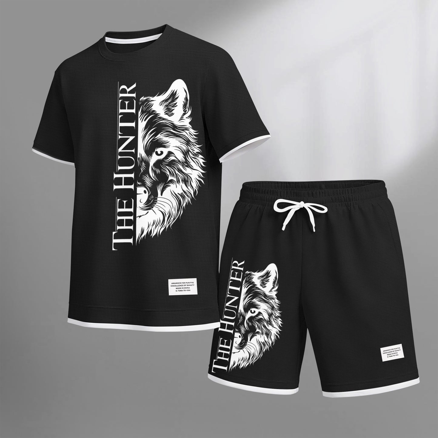 Men's "The Hunter" Wolf Head Graphic Print Waffle Short Sleeve T-Shirt & Shorts Set, Summer Lightweight Casual Sporty Two-Piece Outfit, Streetwear for Gym & Daily Wear