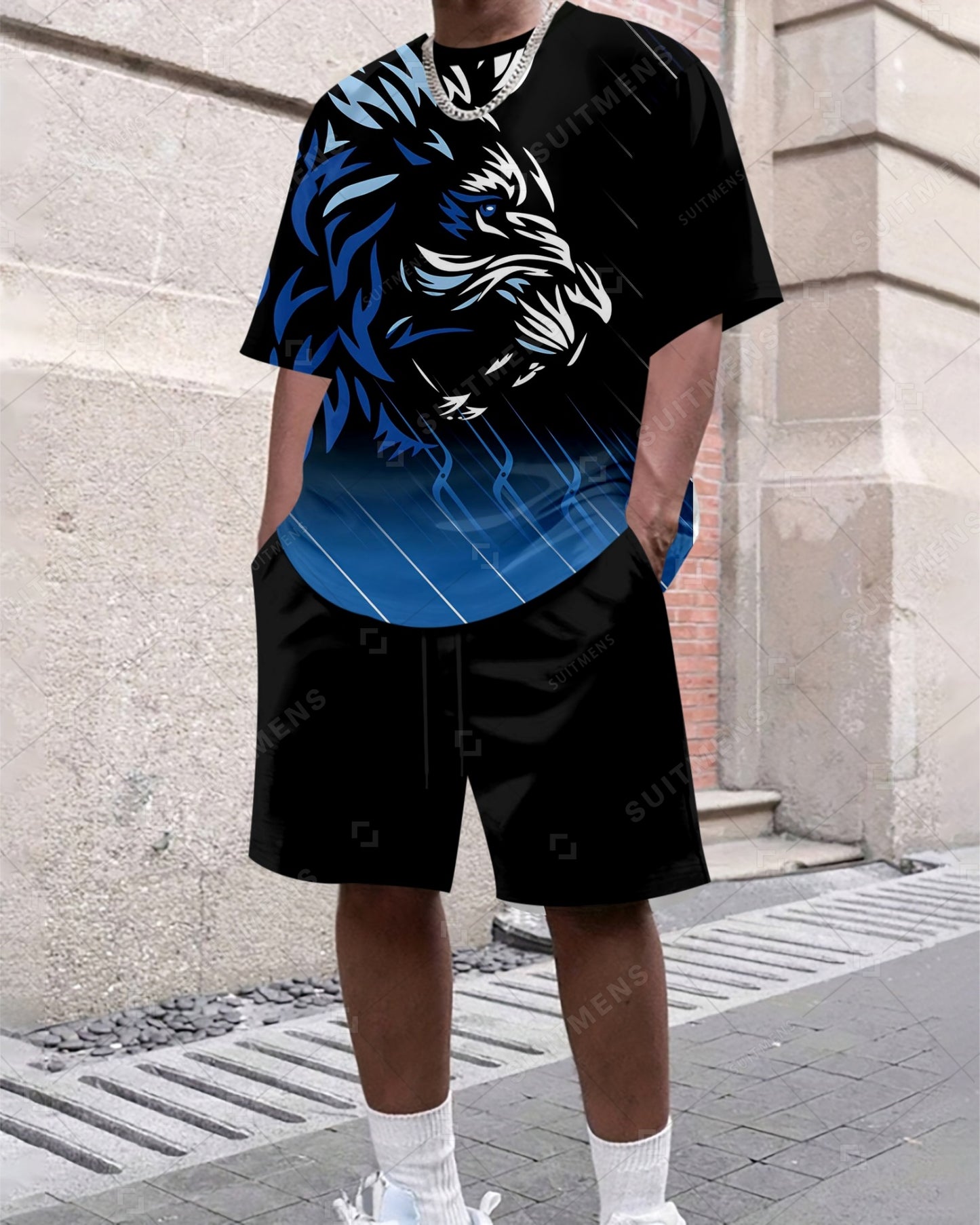 Men's Summer Colorblock Printed Round Neck Suit 041