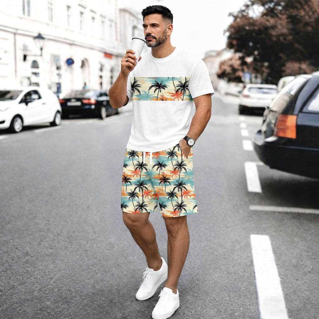Men’s Beach Print Matching Set, Tropical Palm Graphic Short Sleeve Tee and Elastic Waist Shorts 2 Piece Outfit, Soft Breathable Summer Clothing for Vacation, Seaside Trips, Cruise, Holiday, Outdoor Leisure, and Everyday Wear