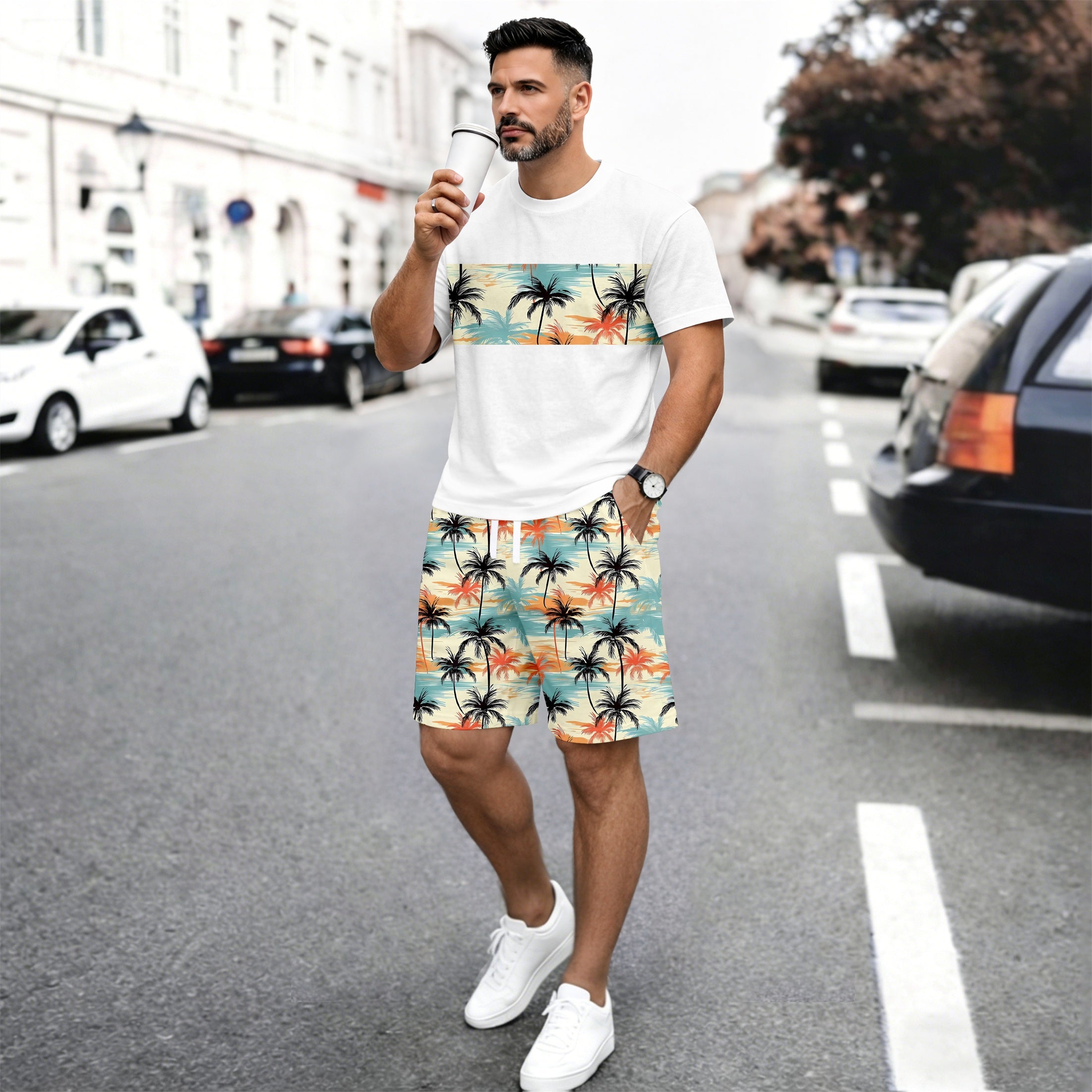 Men’s Beach Print Matching Set, Tropical Palm Graphic Short Sleeve Tee and Elastic Waist Shorts 2 Piece Outfit, Soft Breathable Summer Clothing for Vacation, Seaside Trips, Cruise, Holiday, Outdoor Leisure, and Everyday Wear