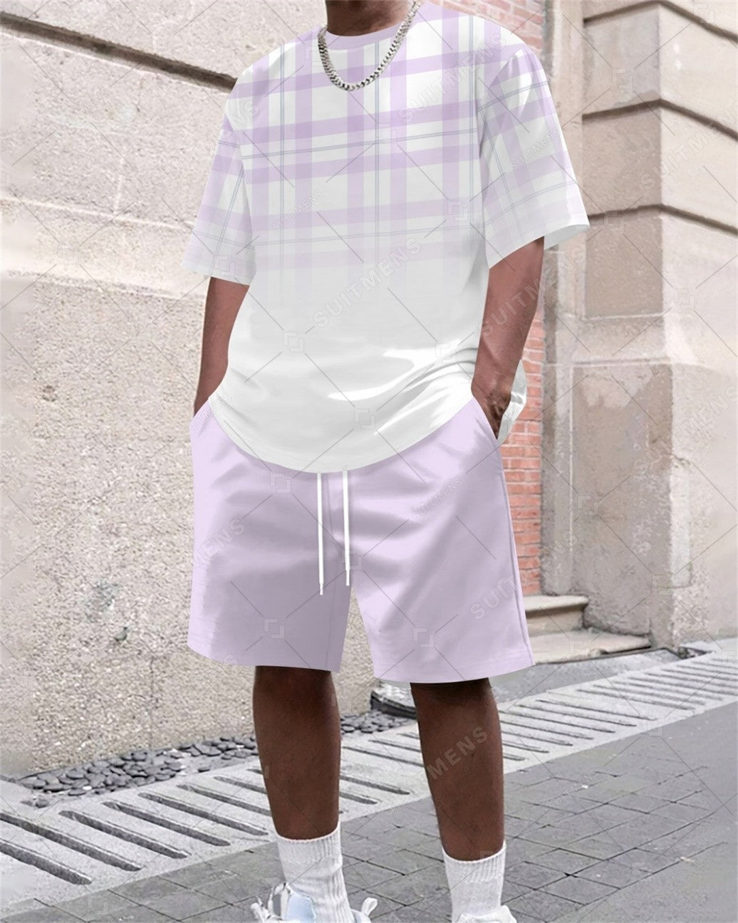 Men's Summer Simple Gradient Print Round Neck Set 356