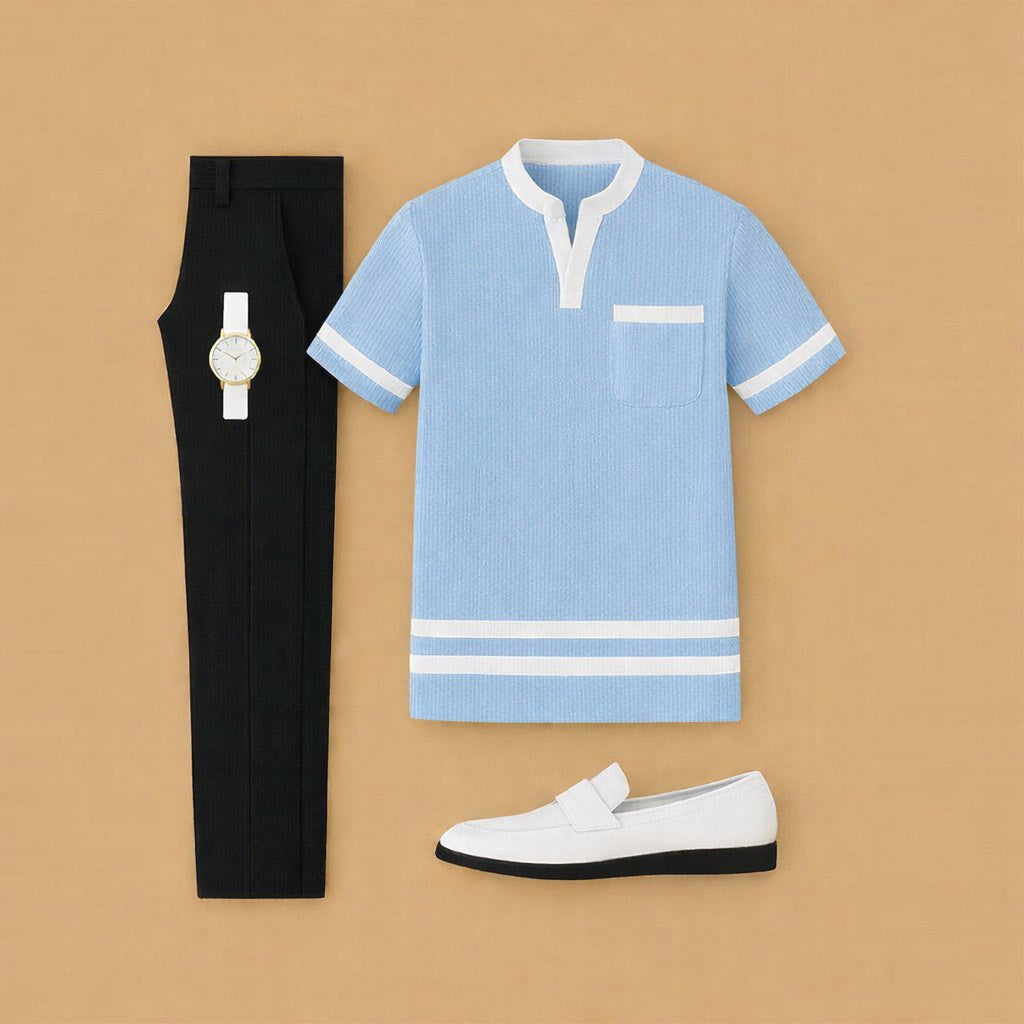 Men's Casual Blue Color Matching Printed Short Sleeved Henry Collar T-Shirt & Black Trousers Two-Piece Set