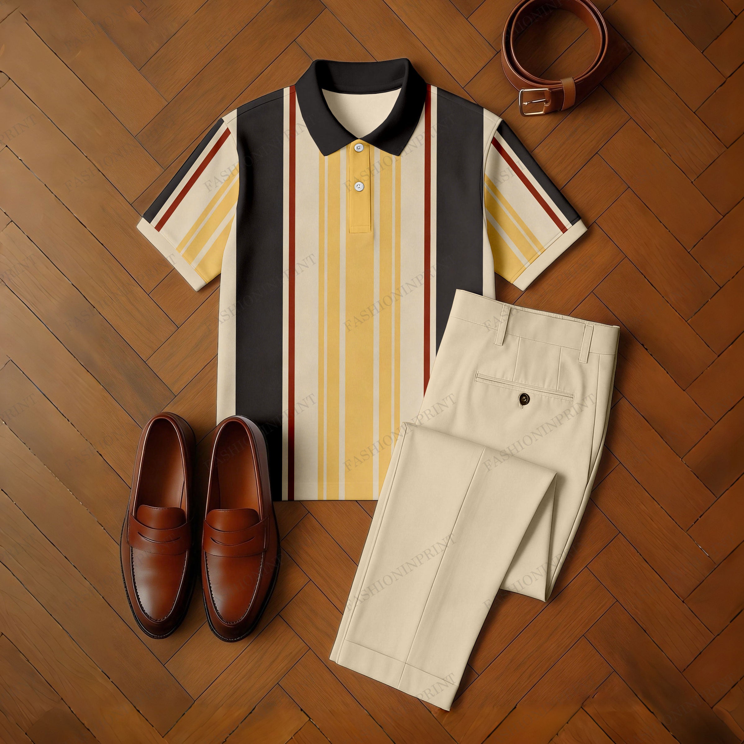 Men's Casual Light Yellow & Dark Brown Color Matching Striped Printed Short Sleeved Polo Shirt & Trousers Two-Piece Set