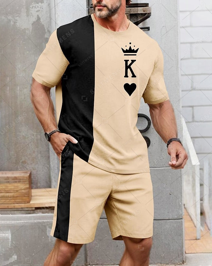 Men's Summer Color Matching Print Round Neck Set 241