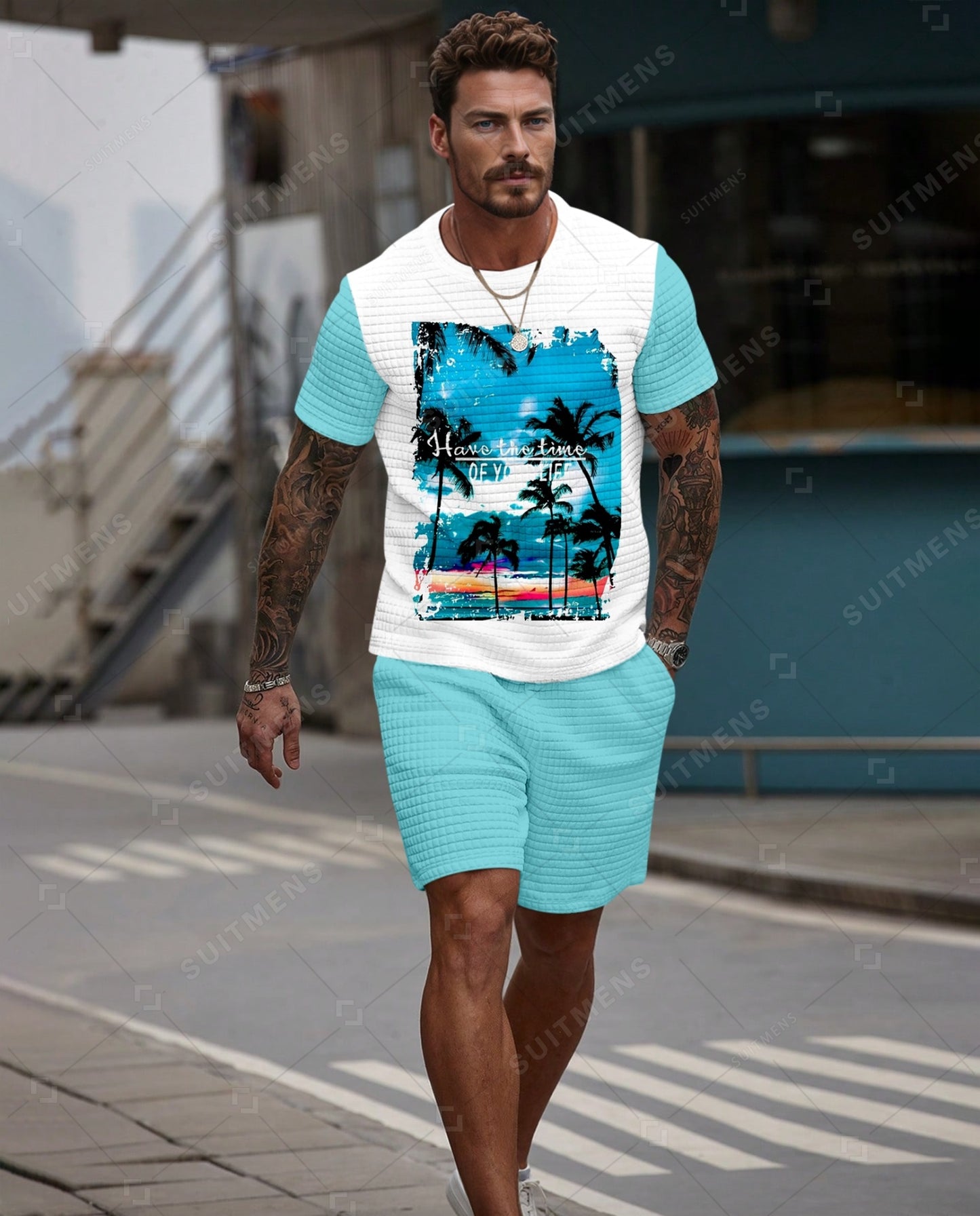 Men's Casual Waffle Textured Summer Round Neck Short Sleeve Shorts Set 0014