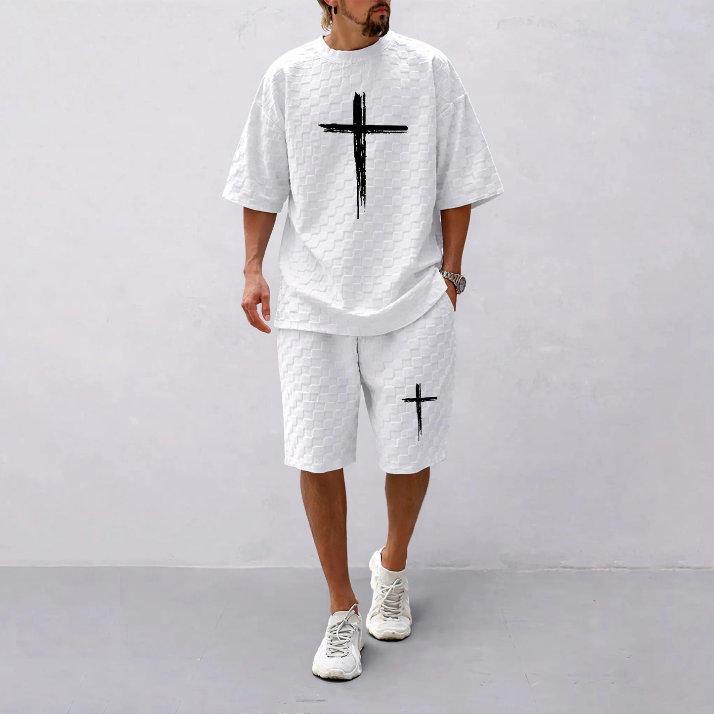Men's Spring and Summer Cross Print Checkered Fabric Drawstring Shorts Set, Casual Summer Outfit with Short-Sleeved Shirt and Shorts, Ideal for Everyday Wear and Sports Activities